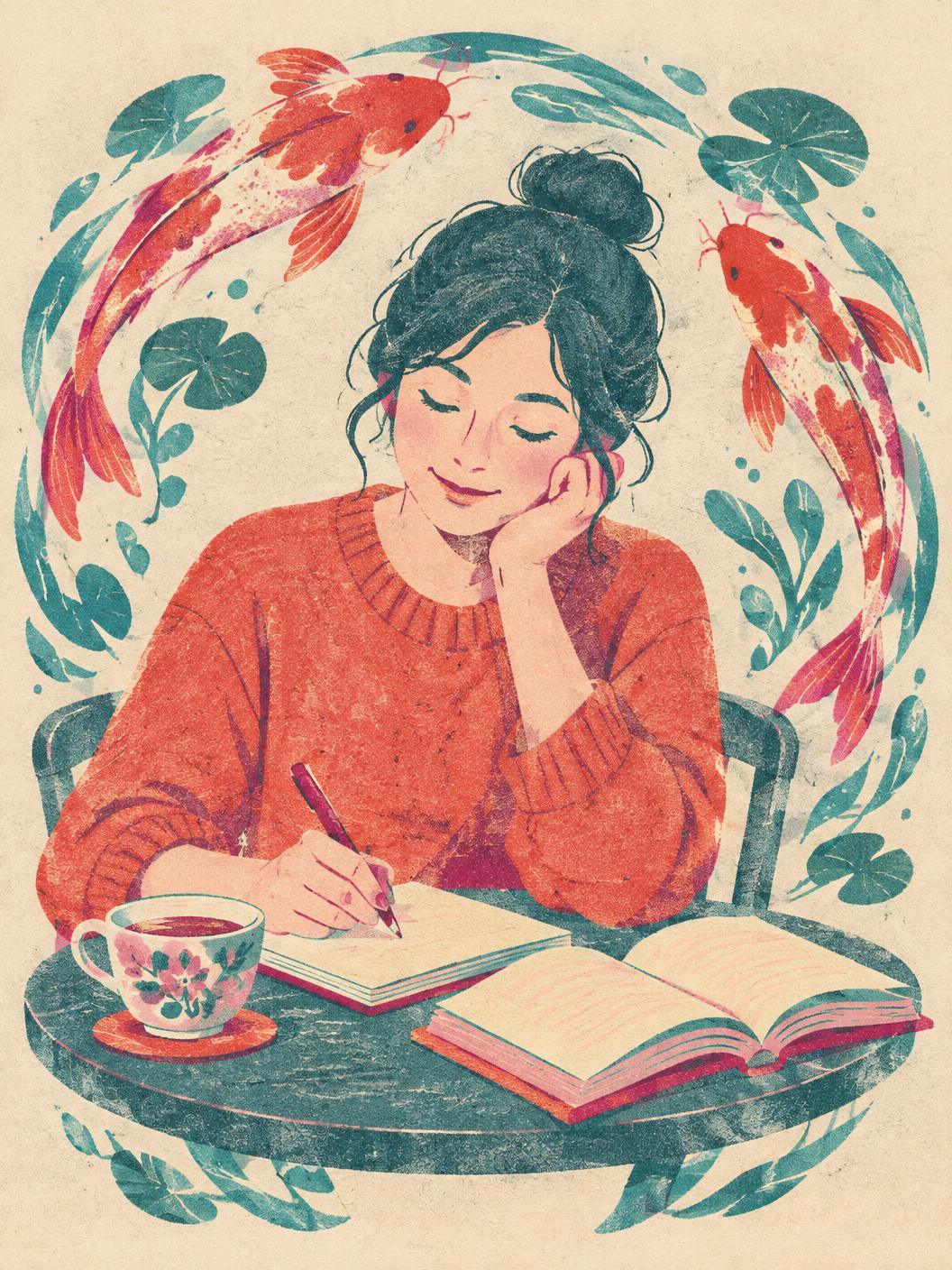 Illustration der Autorin: eine Frau sitzt am Tisch mit Tee, Notizbuch und aufgeschlagenem Buch, umgeben von zwei Kois und Wasserblättern.